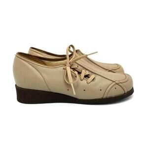 Vintage Clinic Leather Low Wedge Side Lace Up Nurse Shoes Tan Oxford Size 4.5 M